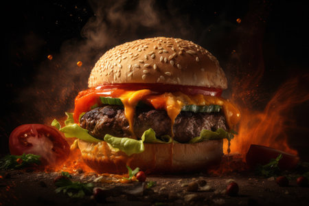 Mouth-watering BBQ burger with tangy sauce and grilled onionsの素材