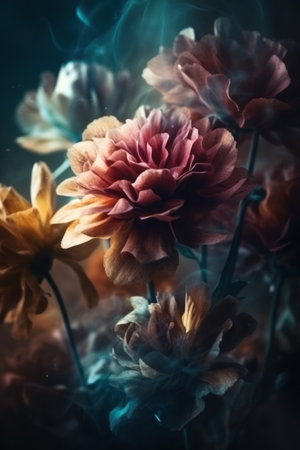 Bright and airy, this floral image features soft pastel blooms floating in a misty atmosphere, evoking a sense of enchantment and magicの素材
