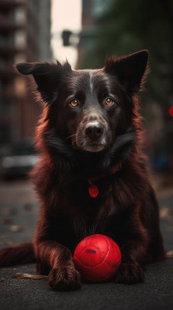 A playful puppy sits in the midst of a bustling city, holding a bright red ballの素材