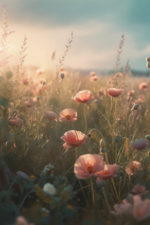 A colorful and vibrant meadow full of blooming flowers, creating a picturesque and idyllic summer sceneの素材