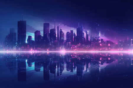 Wide angle futuristic city skyline in blue and purple huesの素材
