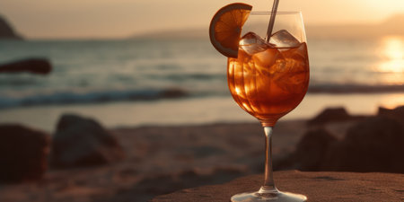 An amber-colored cocktail in a retro glass, served on a sandy beach at sunset, with lime zest and chunks of ice, and a view of the calm sea horizonの素材