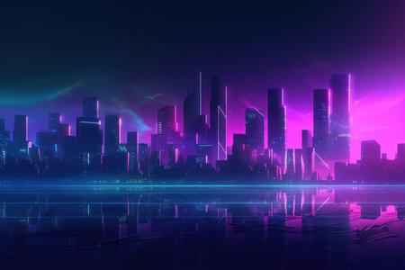 Wide angle futuristic city skyline in blue and purple huesの素材