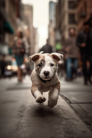 Adorable dog in motion: capturing the essence of the city's energyの素材