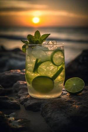 A delicious Mojito cocktail with the stunning sunset in the backgroundの素材