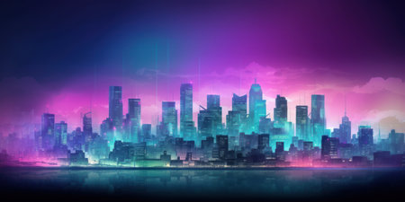 Wide angle futuristic city skyline in blue and purple huesの素材