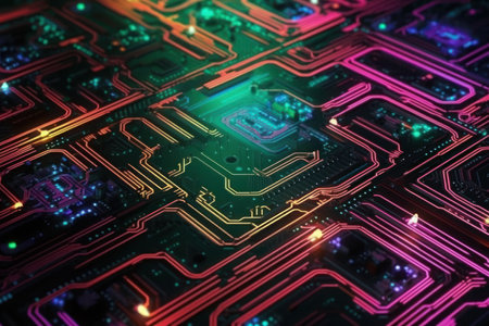 A digital abstract pattern of a circuit board with bright neon colors and futuristic vibesの素材