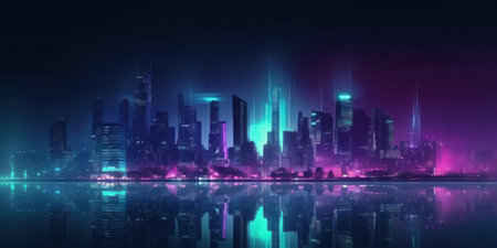 Wide angle futuristic city skyline in blue and purple huesの素材