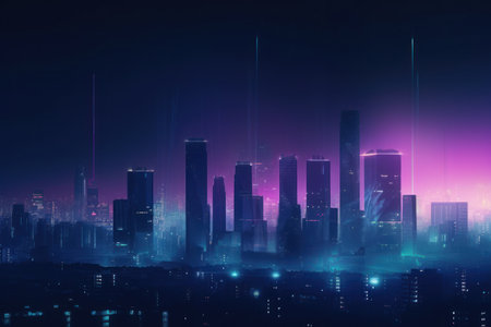 Wide angle futuristic city skyline in blue and purple huesの素材
