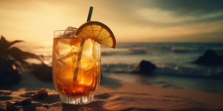 An amber-colored cocktail in a retro glass, served on a sandy beach at sunset, with lime zest and chunks of ice, and a view of the calm sea horizonの素材