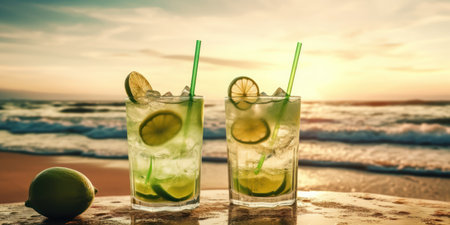 This vibrant image showcases a refreshing summer mojito on a sandy beach with the ocean waves in the backgroundの素材