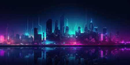Wide angle futuristic city skyline in blue and purple huesの素材