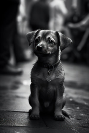 A lonely little puppy standing alone in the middle of a busy city street, captured in black and white to emphasize its vulnerabilityの素材