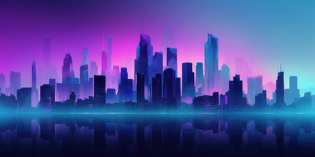 Wide angle futuristic city skyline in blue and purple huesの素材