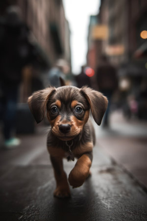Adorable dog in motion: capturing the essence of the city's energyの素材