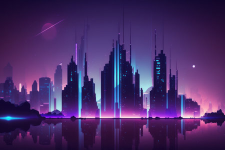 Wide angle futuristic city skyline in blue and purple huesの素材