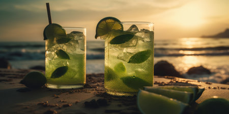 A delicious Mojito cocktail with the stunning sunset in the backgroundの素材