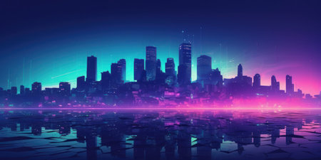 Wide angle futuristic city skyline in blue and purple huesの素材