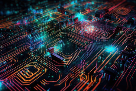 A digital abstract pattern of a circuit board with bright neon colors and futuristic vibesの素材