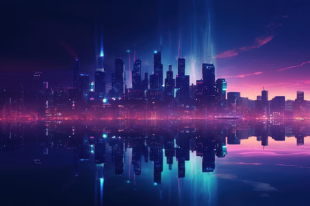 Wide angle futuristic city skyline in blue and purple huesの素材
