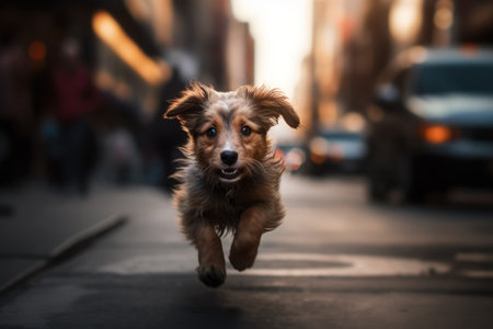 Adorable dog in motion: capturing the essence of the city's energyの素材