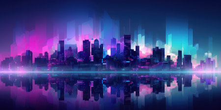 Wide angle futuristic city skyline in blue and purple huesの素材