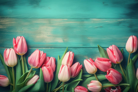 Spring flowers in a stunning composition, Bouquet of pink tulips on a turquoise blue backgroundの素材