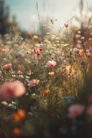 A colorful and vibrant meadow full of blooming flowers, creating a picturesque and idyllic summer sceneの素材