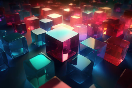 A digitally created abstract art showcasing a vibrant and colorful geometric composition with sharp edges and smooth curvesの素材