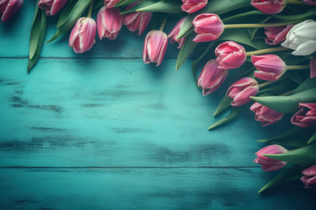 Spring flowers in a stunning composition, Bouquet of pink tulips on a turquoise blue backgroundの素材