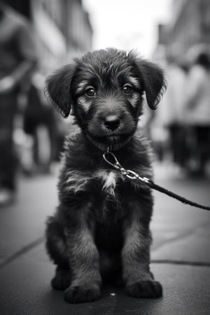 A lonely little puppy standing alone in the middle of a busy city street, captured in black and white to emphasize its vulnerabilityの素材