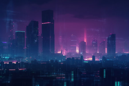 Wide angle futuristic city skyline in blue and purple huesの素材