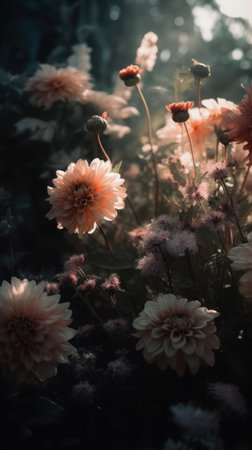 Bright and airy, this floral image features soft pastel blooms floating in a misty atmosphere, evoking a sense of enchantment and magicの素材