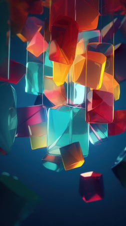 A digitally created abstract art showcasing a vibrant and colorful geometric composition with sharp edges and smooth curvesの素材