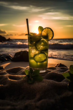 A delicious Mojito cocktail with the stunning sunset in the backgroundの素材