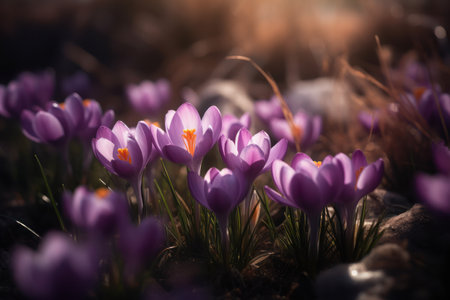 Beautiful purple crocus flowers in the sunlightの素材
