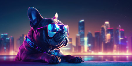 A cool and laid-back French Bulldog, with sunglasses, stares confidently out at the modern city skylineの素材