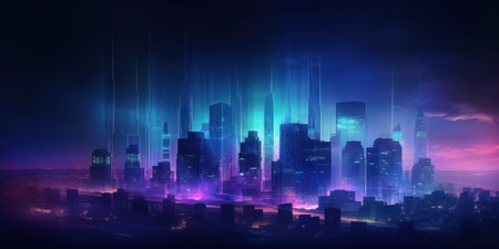 Wide angle futuristic city skyline in blue and purple huesの素材