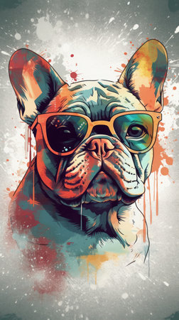 A colorful geometric background serves as the perfect complement to the cool Frenchie with sunglassesの素材