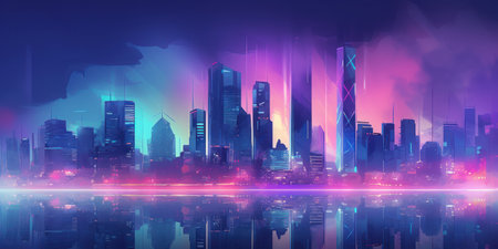 Wide angle futuristic city skyline in blue and purple huesの素材