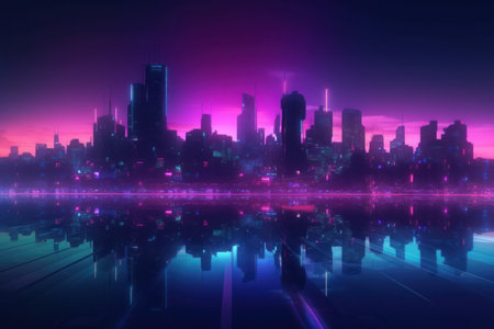 Wide angle futuristic city skyline in blue and purple huesの素材