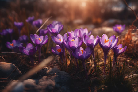 Beautiful purple crocus flowers in the sunlightの素材