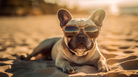 Happy French Bulldog enjoying the sun and sand on the beachの素材
