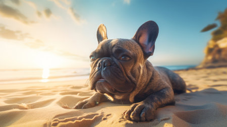 A French Bulldog enjoying the warmth of the sun on a tropical beachの素材