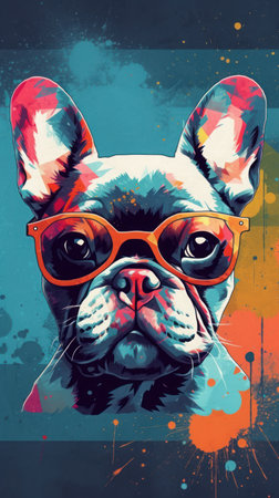 A colorful geometric background serves as the perfect complement to the cool Frenchie with sunglassesの素材