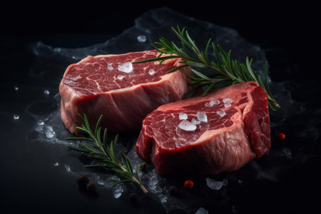 Two fresh beef steaks on slate with a sprinkle of herbs and spices, artistic compositionの素材