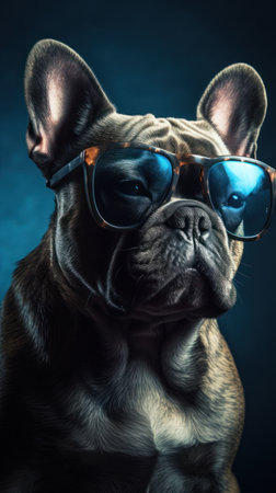 Cute French bulldog portrait with stylish sunglasses on blue backdropの素材