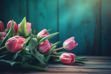 Spring flowers in a stunning composition, Bouquet of pink tulips on a turquoise blue backgroundの素材