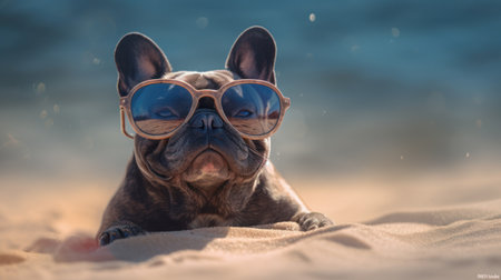 Happy French Bulldog enjoying the sun and sand on the beachの素材