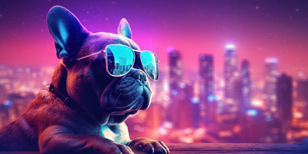 A cool and laid-back French Bulldog, with sunglasses, stares confidently out at the modern city skylineの素材